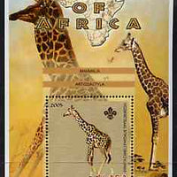 Malawi 2005 Animals of Africa - Giraffe perf m/sheet with Scout Logo with Elephant in background, unmounted mint