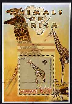 Malawi 2005 Animals of Africa - Giraffe perf m/sheet with Scout Logo with Elephant in background, unmounted mint