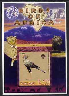 Malawi 2005 Birds of Africa - Secretary Bird perf m/sheet with Scout Logo and Big cats & Elephant in background, unmounted mint