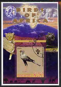 Malawi 2005 Birds of Africa - Secretary Bird perf m/sheet with Scout Logo and Big cats & Elephant in background, fine cto used