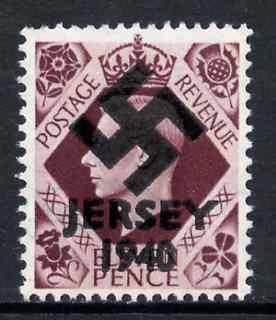 Jersey 1940 Swastika opt on Great Britain KG6 11d plum - a copy of the overprint on a genuine stamp with forgery handstamped on the back, unmounted mint in presentation folder.,Note this value was not available in 1940 but is incl……Details Below