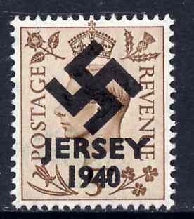 Jersey 1940 Swastika opt on Great Britain KG6 5d brown produced during the German Occupation but unissued due to local feelings. This is a copy of the overprint on a genuine stamp with forgery handstamped on the back, unmounted mi……Details Below