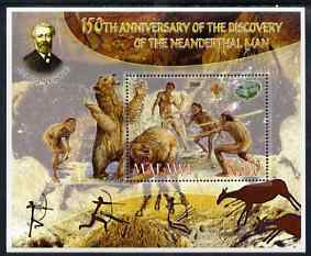 Malawi 2006 Discovery of Neanderthal Man perf souvenir sheet #3 with Scout Logo, Mineral & Jules Verne in background, unmounted mint