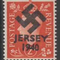 Jersey 1940 Swastika opt on Great Britain KG6 2d orange produced during the German Occupation but unissued due to local feelings. This is a copy of the overprint on a genuine stamp with forgery handstamped on the back, unmounted m……Details Below