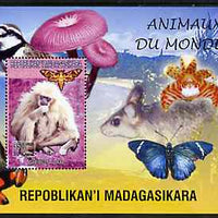 Madagascar 1999 Animals of the World #04 perf m/sheet showing Gibbon Monkey, background shows Frog, Bird, Butterfly, Fungi & Orchid, unmounted mint