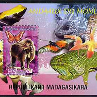 Madagascar 1999 Animals of the World #01 perf m/sheet showing Baboon, background shows Frog, Owl, Butterfly, Chameleon & Orchid, unmounted mint