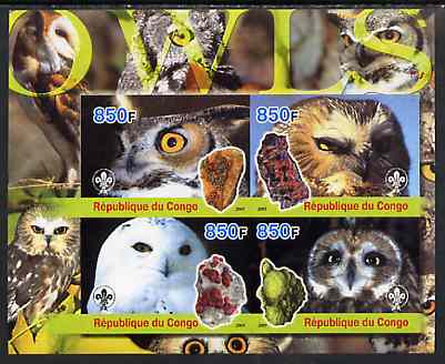 Congo 2005 Owls & Minerals imperf sheetlet containing 4 values (each with Scout Logo) unmounted mint