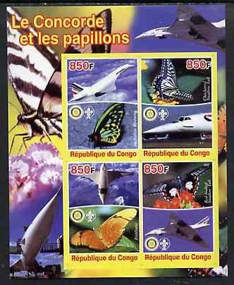 Congo 2005 Concorde & Butterflies imperf sheetlet containing 4 values (each with Scout & Rotary Logos) unmounted mint