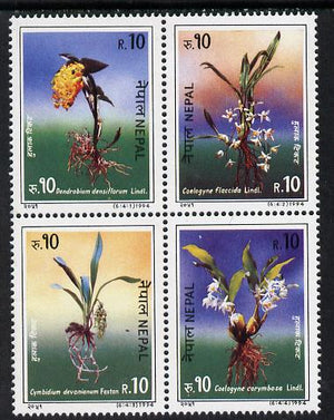 Nepal 1994 Orchids se-tenant strip or block of 4 unmounted mint, SG 579a