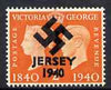 Jersey 1940 Swastika opt on Great Britain KG6 Centenary 2d produced during the German Occupation but unissued due to local feelings. This is a copy of the overprint on a genuine stamp with forgery handstamped on the back, on presentation card.