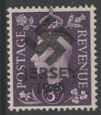 Jersey 1940 Swastika opt on Great Britain KG6 3d violet produced during the German Occupation but unissued due to local feelings. This is a copy of the overprint on a genuine stamp with forgery handstamped on the back, unmounted m……Details Below