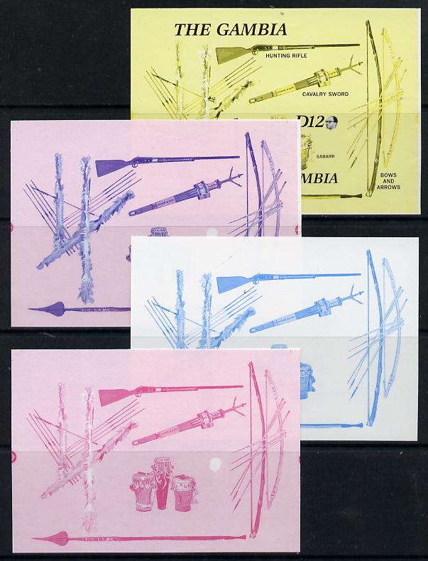 Gambia 1987 Musical Instruments m/sheet (with Rifle, Bow & Arrows, Spear etc) in set of 4 imperf progressive colour proofs comprising blue & magenta individual colours and two 2-colour composites from the Format archive imperf pro……Details Below