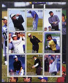 Tadjikistan 2000 Golf Stars perf sheetlet containing 9 values unmounted mint (Seve, Player, Nicklaus, etc)