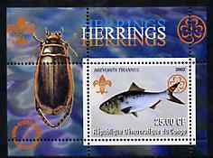 Congo 2002 Fish (Herrings) perf s/sheet containing single value with Scouts & Guides Logos plus Rotary Logo & Insect in outer margin, unmounted mint