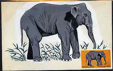 Nagaland 1969 Elephant - original hand-painted artwork as used for 20c (except grass outline has been changed) on board 180 mm x 110 mm complete with issued stamp