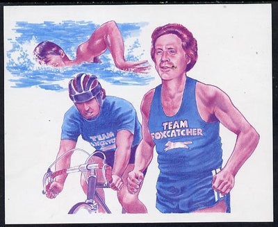 Antigua - Redonda 1987 Capex $5 m/sheet (unissued) showing Triathlete John duPont Running, Swimming & Cycling imperf proof printed in magenta & blue only (ex Format archive sheet) unmounted mint