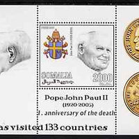 Somalia 2006 Pope John Paul II - First Anniversary of his Death perf s/sheet #1 showing Commemorative coins & Arms - Has Visited 133 Countries, unmounted mint