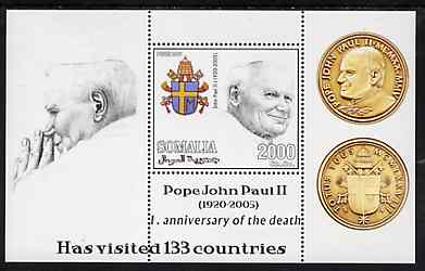 Somalia 2006 Pope John Paul II - First Anniversary of his Death perf s/sheet #1 showing Commemorative coins & Arms - Has Visited 133 Countries, unmounted mint