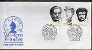 Kyrgyzstan 2000 Greatest Chess Champions (Caricatures) #1 perf strip of 3 on illustrated cover with special Chess cancellation