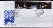 Kyrgyzstan 2000 Immopar Chess Trophy #5 perf strip of 3 on illustrated cover with special Chess cancellation