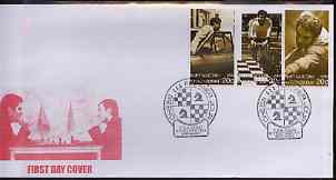 Kyrgyzstan 2000 Karpov & Kasparov (Chess) #2 perf strip of 3 on illustrated cover with special Chess cancellation