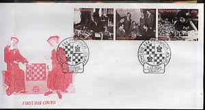 Kyrgyzstan 2000 History of Chess #1 perf strip of 3 on illustrated cover with special Chess cancellation