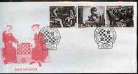 Kyrgyzstan 2000 History of Chess #2 perf strip of 3 on illustrated cover with special Chess cancellation