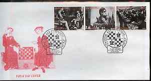 Kyrgyzstan 2000 History of Chess #2 perf strip of 3 on illustrated cover with special Chess cancellation