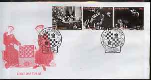 Kyrgyzstan 2000 History of Chess #3 perf strip of 3 on illustrated cover with special Chess cancellation