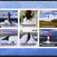 Mauritania 2002 Lighthouses #1 imperf sheetlet containing set of 6 values (blue background) each with Rotary logo, unmounted mint