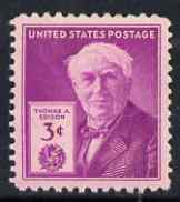 United States 1947 Birth Centenary of Thomas A Edison (scientist) 3c unmounted mint, SG 942