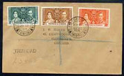 Trinidad & Tobago 1937 KG6 Coronation set of 3 on reg cover with first day cancel addressed to the forger, J D Harris.,Harris was imprisoned for 9 months after Robson Lowe exposed him for applying forged first day cancels to Coron……Details Below