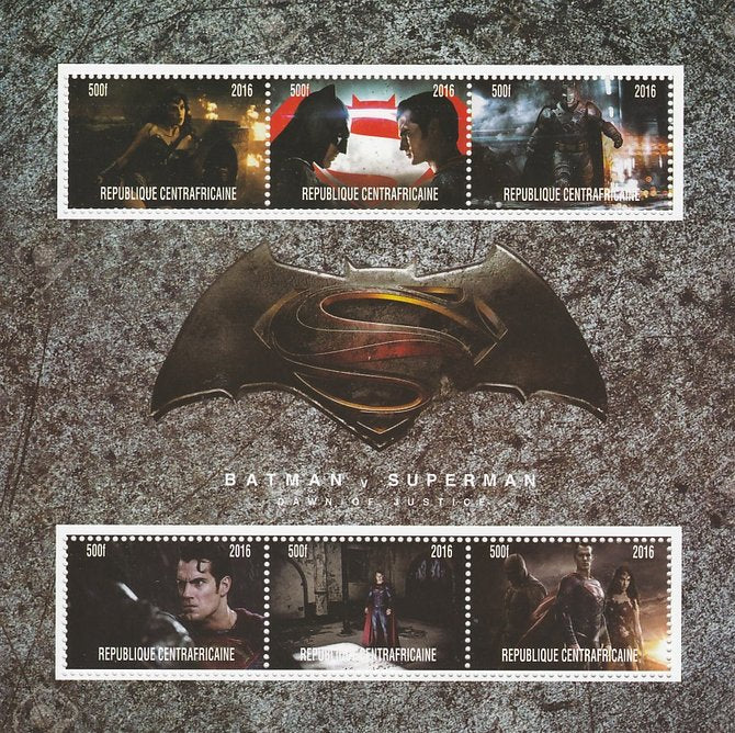 Central African Republic 2016 Batman v Superman #2 perf sheetlet containing 6 values unmounted mint. Note this item is privately produced and is offered purely on its thematic appeal