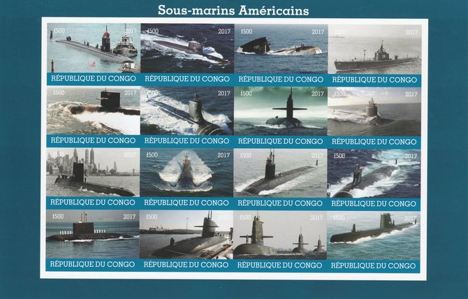 Congo 2017 Submarines of America imperf sheetlet containing 16 values unmounted mint. Note this item is privately produced and is offered purely on its thematic appeal, it has no postal validity