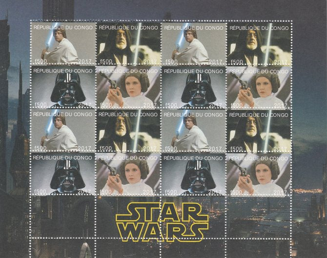 Congo 2017 Star Wars perf sheetlet containing 16 values (4 setenant blocks of 4) unmounted mint. Note this item is privately produced and is offered purely on its thematic appeal