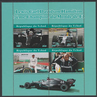 Chad 2020 Lewis Hamilton F1 Champion perf sheet containing 4 values unmounted mint. Note this item is privately produced and is offered purely on its thematic appeal