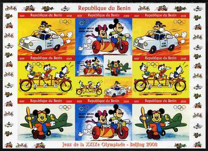 Benin 2009 Beijing Olympics #3 - Disney Characters (Transport) imperf sheetlet containing 8 values plus label unmounted mint. Note this item is privately produced and is offered purely on its thematic appeal