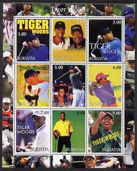 Buriatia Republic 2001 Tiger Woods perf sheetlet containing 9 values unmounted mint