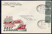 South Africa 1948 illustrated cover for East London (SA) Philatelic Centenary Exhibition bearing 1.5d stamps with special Exhibition cancel