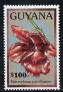 Guyana 1990 (?) Raoul Follereau (Anti Leprosy) opt on $100.00 orchid (Epistephium p) from World Personalities overprints, unmounted mint as SG type 465