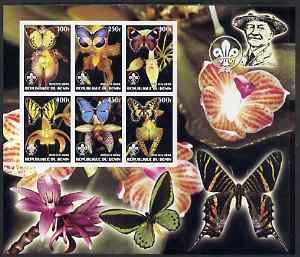 Benin 2002 Orchids & Butterflies special large imperf sheet containing 6 values each with Scouts Logo unmounted mint