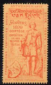 Cinderella - Belgium 1899 Van Dyck 300th Anniversary Exhibition, Antwerp, perf label #4 in red on salmon, fine with full gum