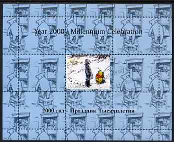 Tadjikistan 1999 Winnie the Pooh perf sheetlet #6 containing 1 stamp & 8 labels (blue background colour), unmounted mint