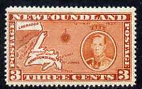 Newfoundland 1937 KG6 Coronation Map 3c die I (line perf 13.5 from 'long' KG6 Coronation set) unmounted mint, SG 258c