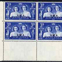 South West Africa 1947 KG6 Royal Visit 3d corner block of 4 including one stamp with 'Blinded Princess' variety, unmounted mint, SG 136var