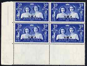 South West Africa 1947 KG6 Royal Visit 3d corner block of 4 including one stamp with 'Blinded Princess' variety, unmounted mint, SG 136var