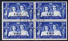 South West Africa 1947 KG6 Royal Visit 3d block of 4 including one stamp with 'Blinded Princess' variety, very fine cds used, SG 136var