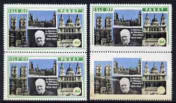 Pabay 1968 Churchill 6d perf vert pair with green partially omitted on upper stamp and completely omiited on lower stamp (including face value) due to a paper fold plus normal pair. Unmounted mint but some ageing