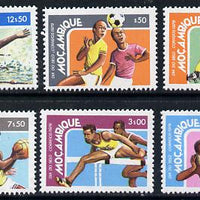 Mozambique 1980 Stamp Day (Sports) set of 6 (Football, Shot, Hurdling, Basketball, Swimming, Roller-skate Hockey) unmounted mint SG 729-34