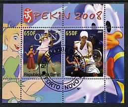 Benin 2007 Beijing Olympic Games #11 - Tennis (2) perf s/sheet containing 2 values (Disney characters in background) fine cto used